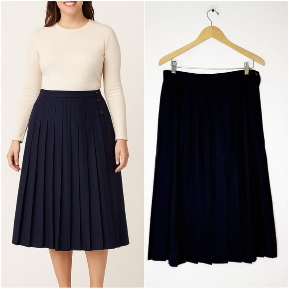 Talbots Vintage Pleated Wool Skirt Navy Blue Size 14 Petite NWT - Picture 1 of 8